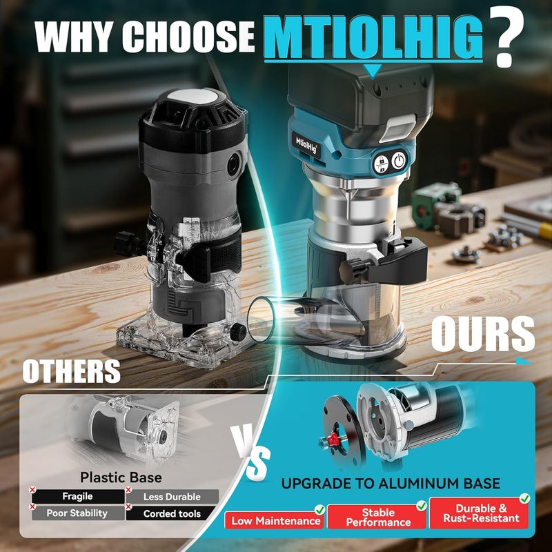 MtiolHig Cordless Compact Router Compatible with Makita 18V Battery, With 15Pcs Router Bits 6 Variable Speeds for Woodworking, 800W 30000 RPM Fixed Base Wood Router With Trim Bits - Image 5